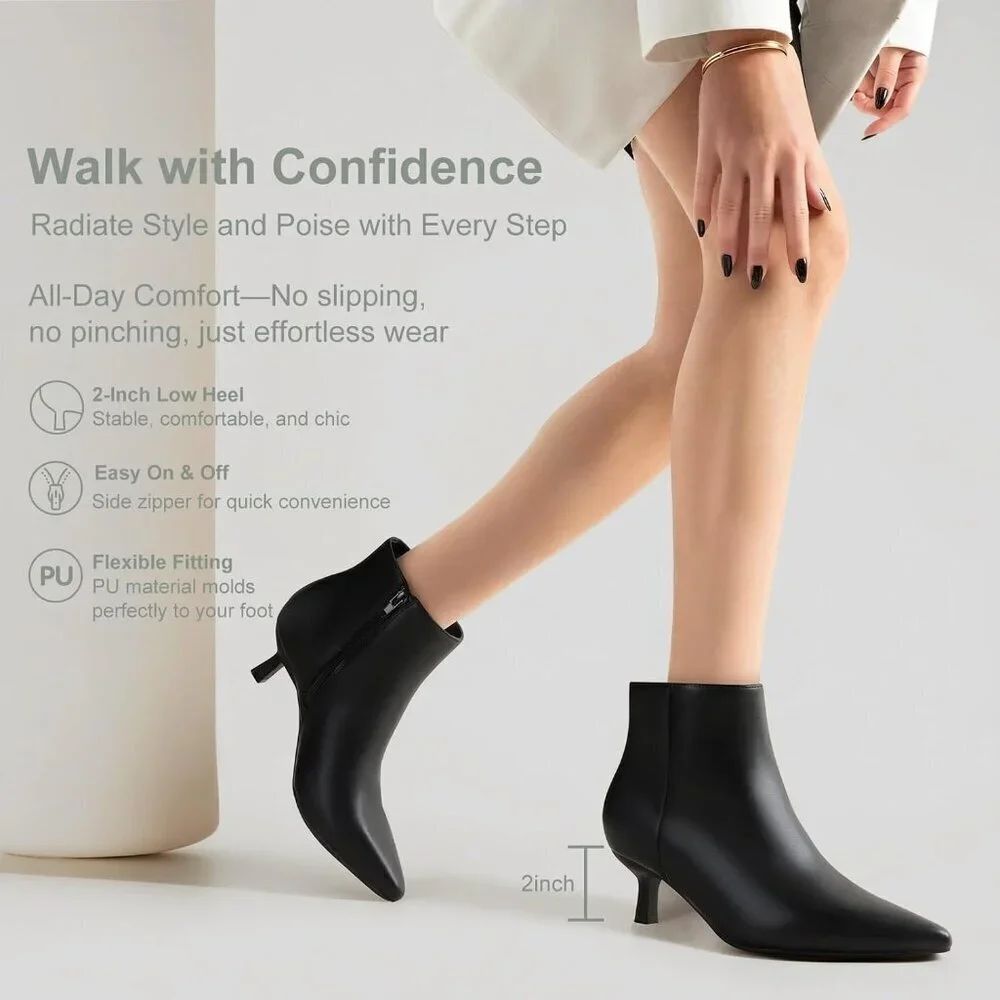 Women's Black Kitten Heel Ankle Winter Dress Shoes Pointed Toe Side Zipper Boots